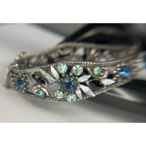 VTG MCM Florenza Blue Rhinestone Ornate Silvertone Hinged Bangle Bracelet SIGNED